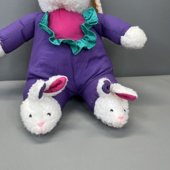 Rabbit Puffy Style Plush Nylon Parachute Purple Pink Bunny Slippers Vintage - Picture 3 of 12